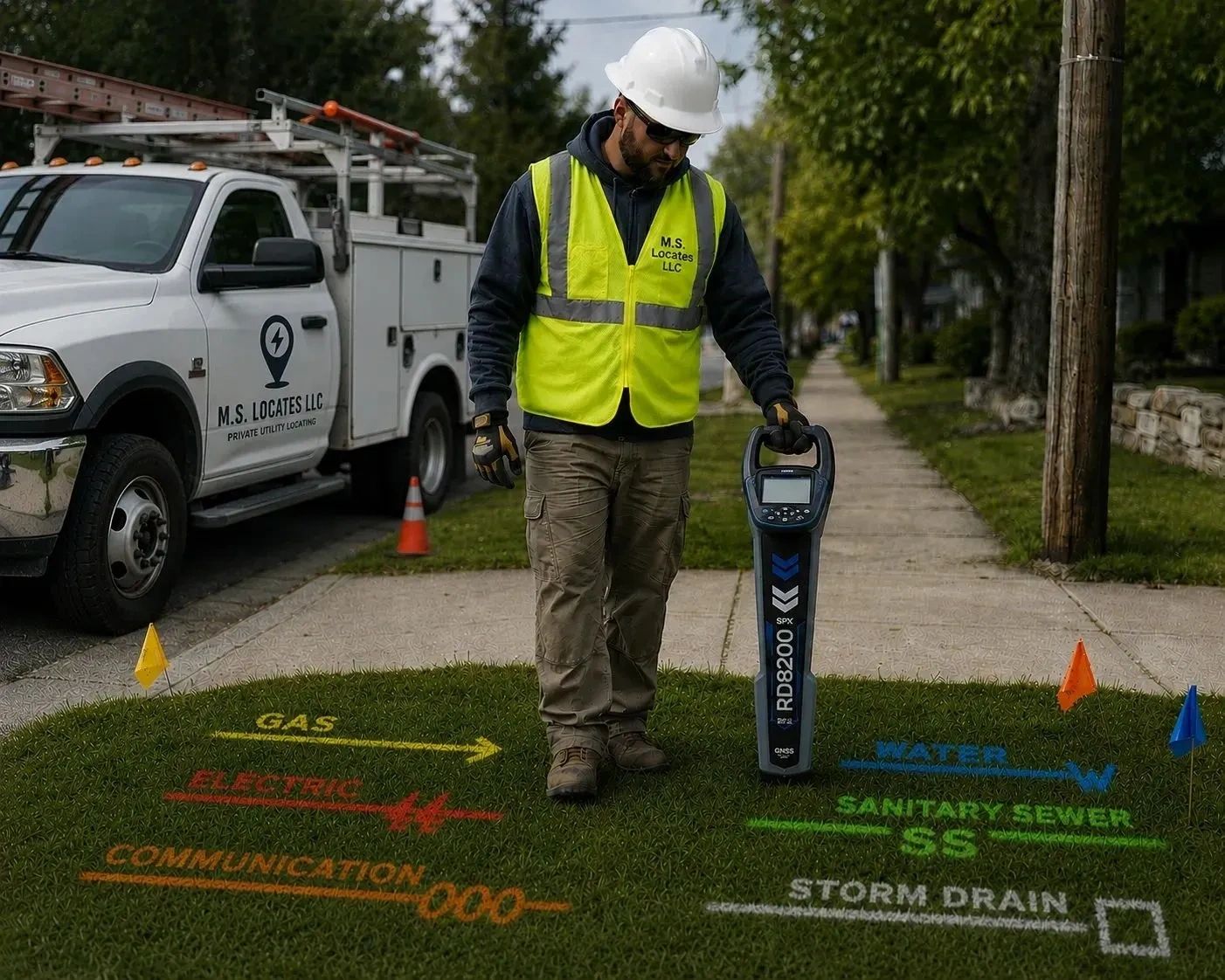 Utility worker using a locator device to identify underground utilities marked with colorful flags and spray paint.