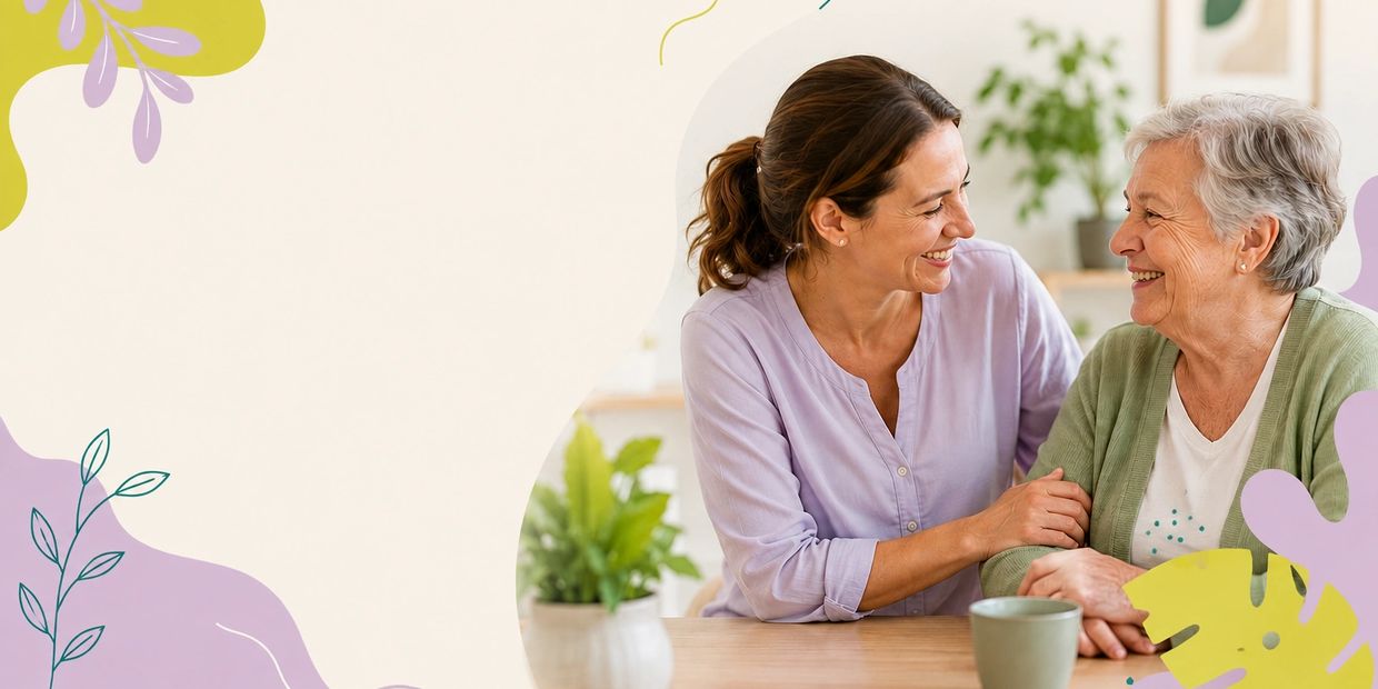 Two women sharing a warm, joyful moment together indoors.