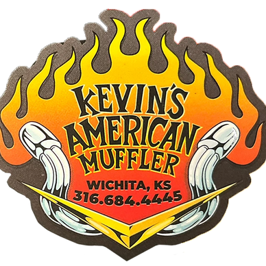 Logo for Kevin's American Muffler in Wichita, KS with phone number and flame design.