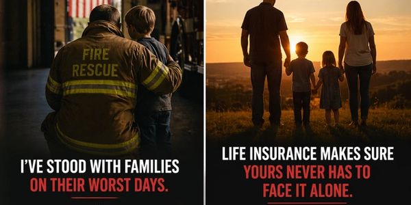 Firefighter comforting child; family silhouetted at sunset with life insurance message.