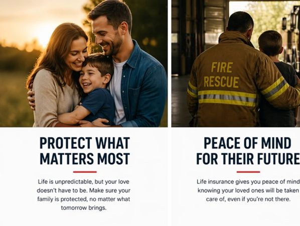 Family love and fire rescue highlight life insurance protection and peace of mind.