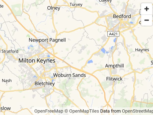 Map showing towns between Milton Keynes and Bedford in England.