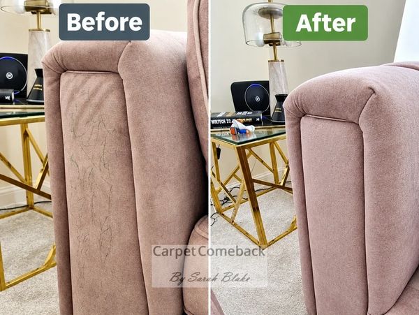 Before and after of pen stains on a sofa