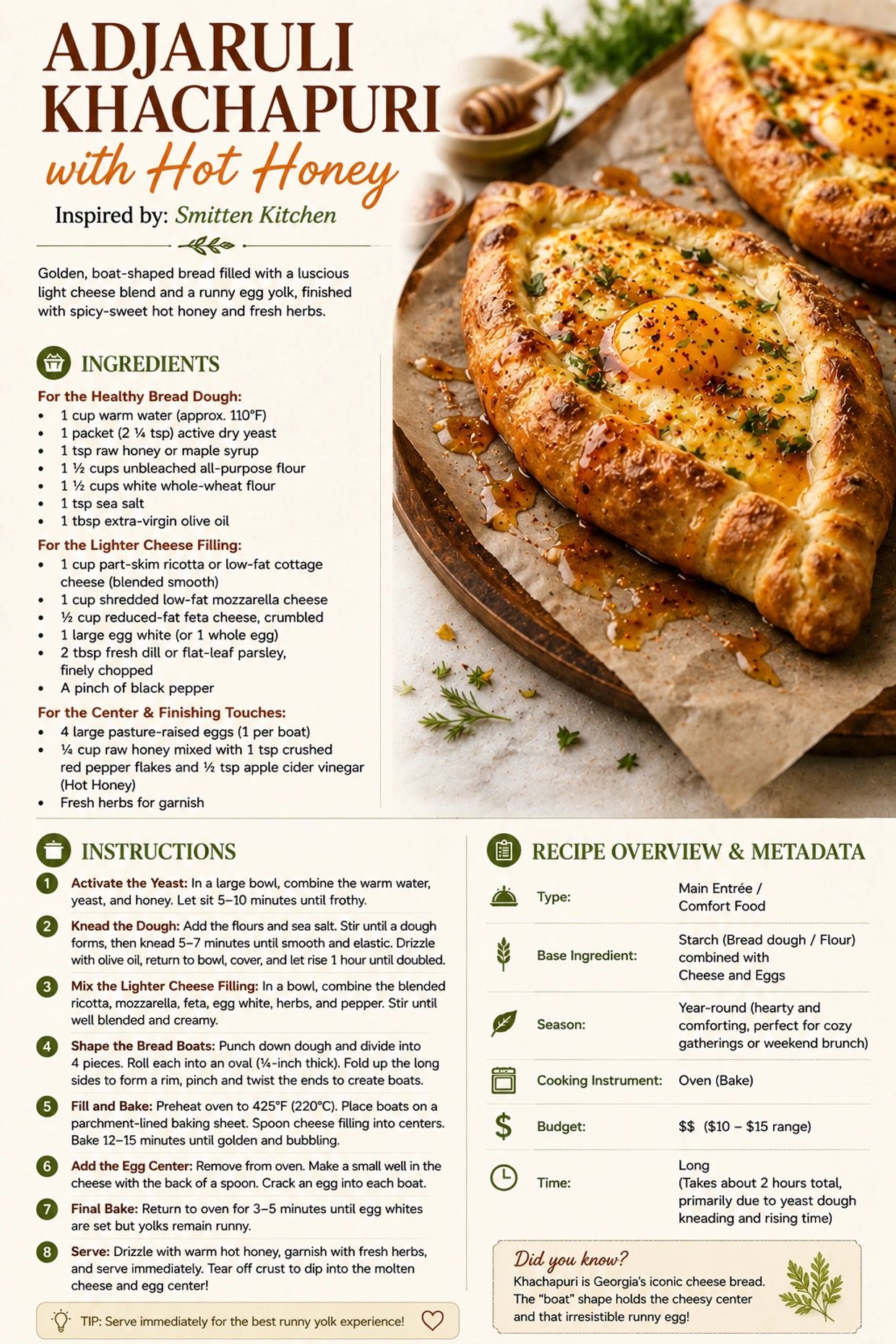 Adjaruli Khachapuri recipe with egg, spicy-sweet hot honey and fresh herbs
