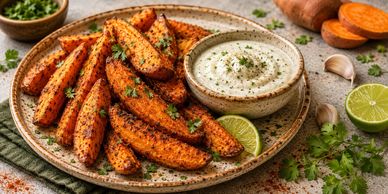 A plate of sweet potato wedges served with yogurt sauce.