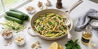 A fresh green bean salad with almonds and herbs in a white pan.