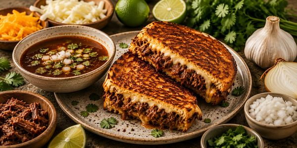 Grilled cheese sandwich with beef. Surrounded by key ingredients