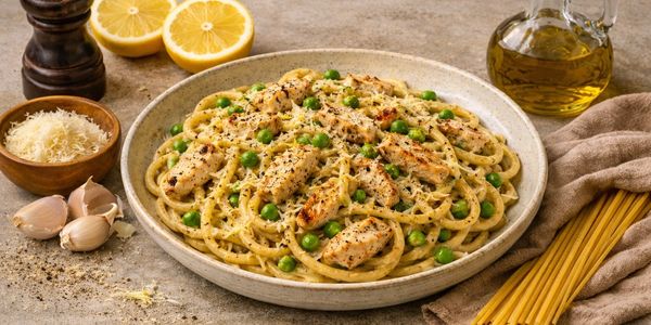 A bowl of chicken carbonara surrounded by ingredients like garlic, cheese, black pepper and pasta.