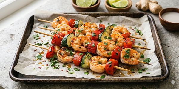 Grilled shrimp and vegetable skewers on a baking tray.