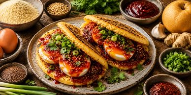 Cornmeal breakfast arepas with Gochujang glaze and boiled eggs with sesame seeds and cilantro