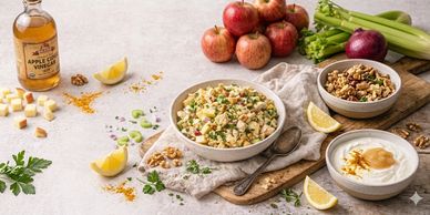 A healthy bowl of apple walnut salad with fresh ingredients.