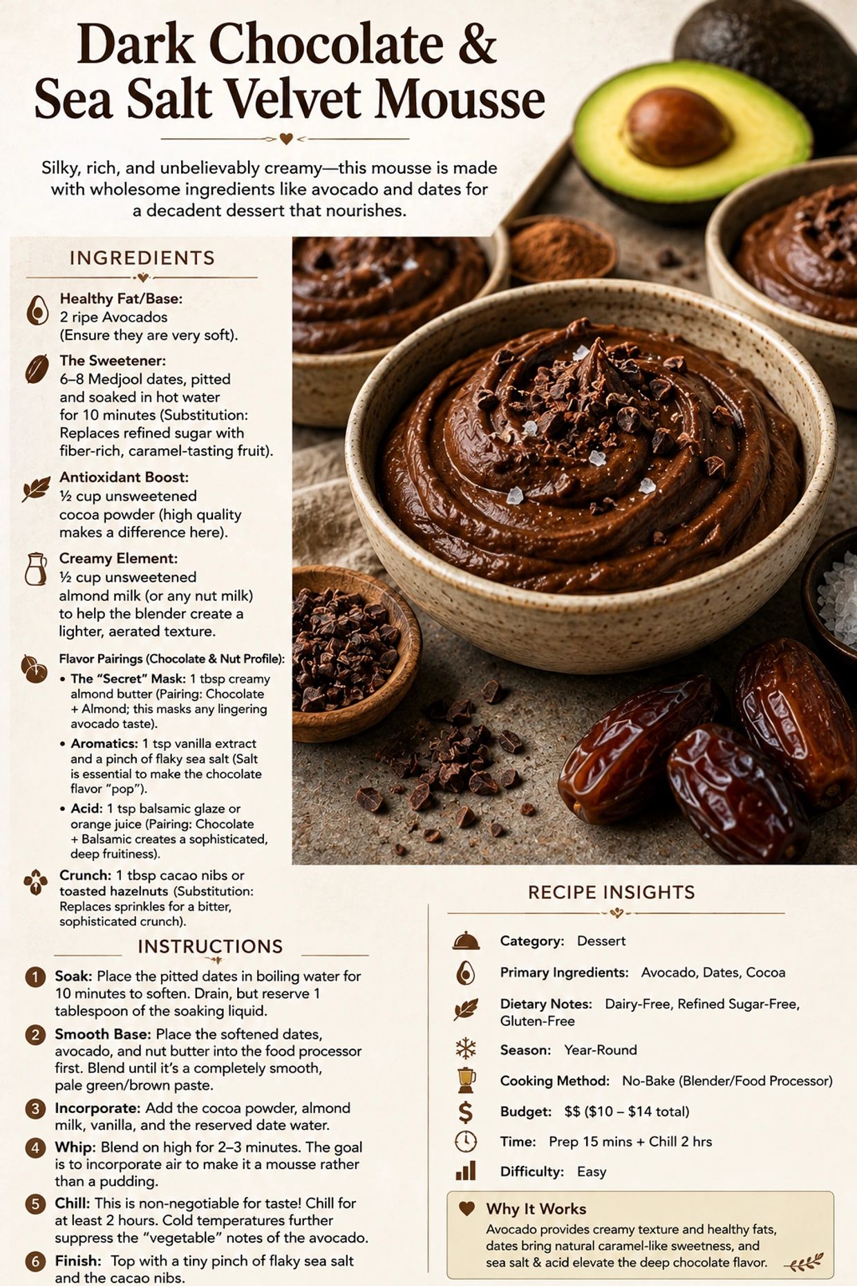 Dark chocolate and sea salt mousse made with avocado, dates, and almond butter for a rich, creamy de