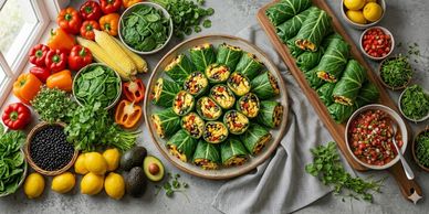 Fresh vegetable wraps and ingredients on a kitchen counter.
