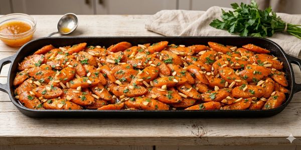 Roasted carrot dish garnished with herbs and garlic on a black tray.