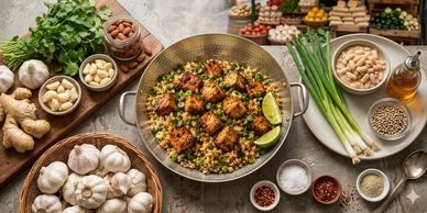 A pan of tofu served with brown rice surrounded by ingredients like garlic, ginger and sesame oil