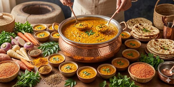 Traditional Indian lentil curry served in a large pot with smaller bowls and fresh ingredients around.