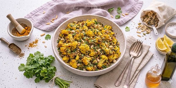 Bowl of spiced roasted cauliflower garnished with pine nuts and herbs.