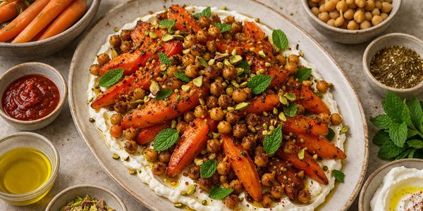 Carrots and chickpeas surrounded by key ingredients.