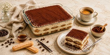 Homemade tiramisu with coffee and cocoa powder.