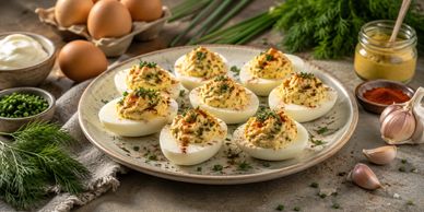 A plate of deviled eggs surrounded by key ingredients like whole eggs, dill and chives
