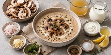 Creamy mushroom soup with garnishes and ingredients.