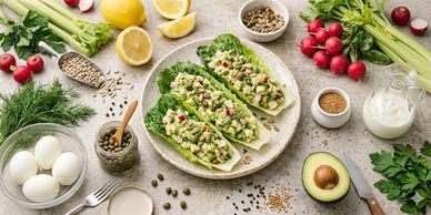 Fresh avocado salad served on lettuce boats with various fresh ingredients around.