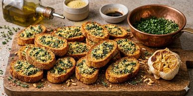 Slices of herb and garlic bruschetta on a wooden board.