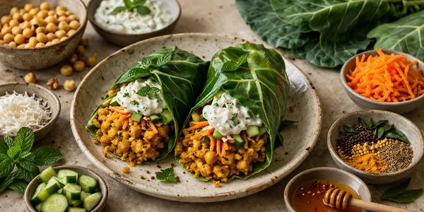 Spiced chickpeas in a lettuce wrap surrounded by key ingredients like coconut and carrots.
