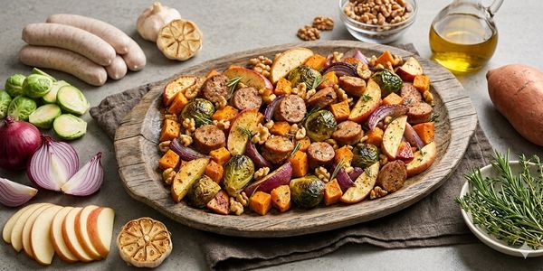 A rustic tray of roasted sausage, Brussels sprouts, and sweet potatoes with fresh ingredients around.