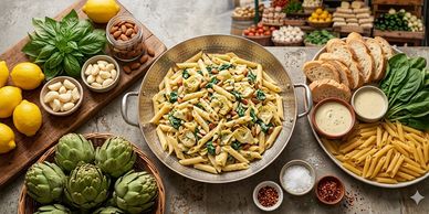 A bowl of pasta with fresh ingredients like spinach and pine nuts and spices around it
