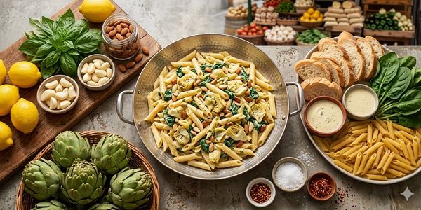A bowl of pasta with fresh ingredients and spices around it.