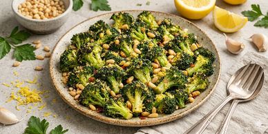 Roasted broccoli salad garnished with pine nuts and lemon wedges.