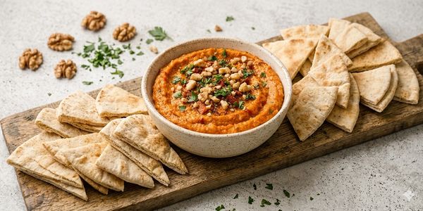 Bowl of spicy hummus garnished with chickpeas and herbs, served with pita bread.