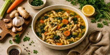 A bowl of chicken noodle soup surrounded by garlic, ginger, spinach, lemon and a spoon.