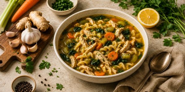 A bowl of chicken noodle soup surrounded by garlic, ginger, spinach, lemon and a spoon.