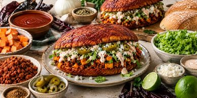 Mexican Guajillo-dipped soyrizo & sweet potato sandwich with jalapenos and greek yogurt crema