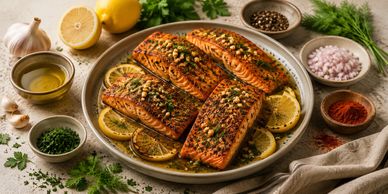 Grilled salmon fillets garnished with herbs and lemon slices.