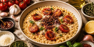 A bowl of pastina risottata pasta with tomatoes surrounded by garlic, cheese, lemon and herbs.