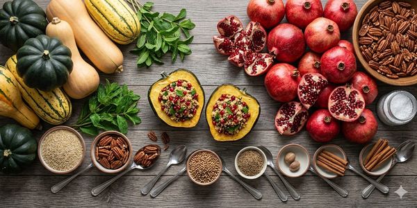 Autumn squash and pomegranates with assorted spices on a wooden surface.
