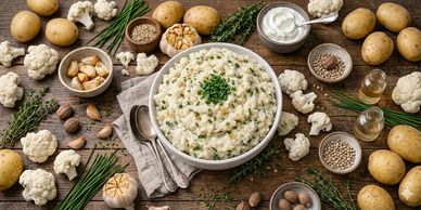 Bowl of creamy cauliflower mashed potatoes surrounded by fresh ingredients.