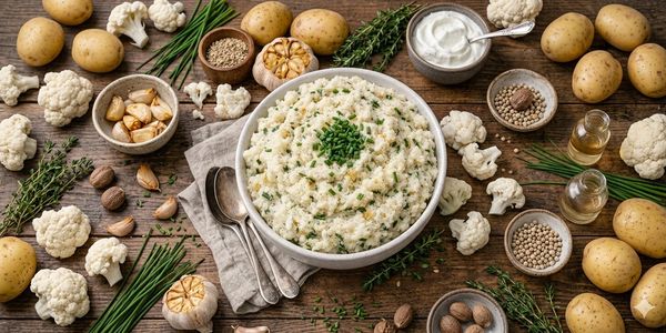 Bowl of creamy cauliflower mashed potatoes surrounded by fresh ingredients.