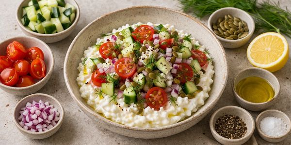 Cottage cheese bowl with fresh tomatoes, cucumbers and onions on top.