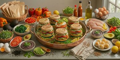 A large tray of stacked veggie burgers surrounded by fresh ingredients and condiments.