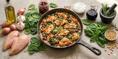 A skillet with cooked chicken, spinach, and tomatoes surrounded by fresh ingredients.