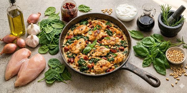 A skillet with cooked chicken, spinach, and tomatoes surrounded by fresh ingredients.