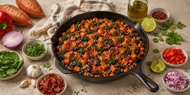 This vibrant breakfast hash features crisp turkey bacon and baby spinach tossed in smoky aromatics.