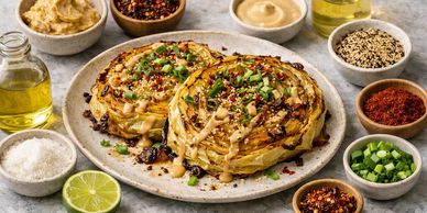 Cabbage with sweet and spicy miso dressing surrounded by key ingredients.