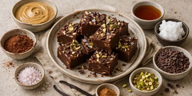 Chocolate fudge squares surrounded by ingredients.