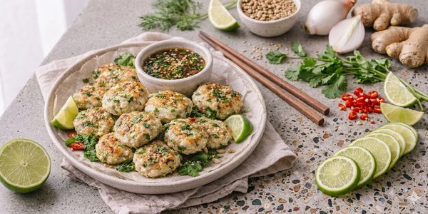 Plate of herb-seasoned chicken patties with lime wedges and dipping sauce.