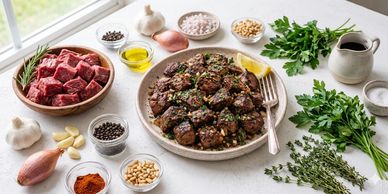 Seasoned cooked beef bites with fresh herbs and spices arranged on a plate.